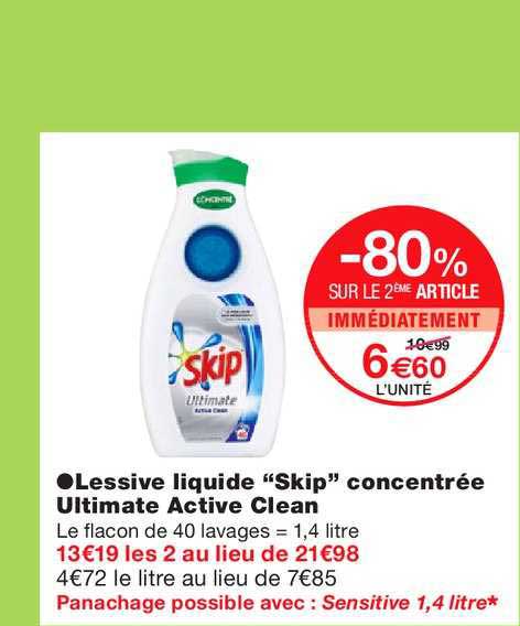 Lessive Liquide Skip Concentrée Utlimate Active Clean -80% Sur Le 2ème Article