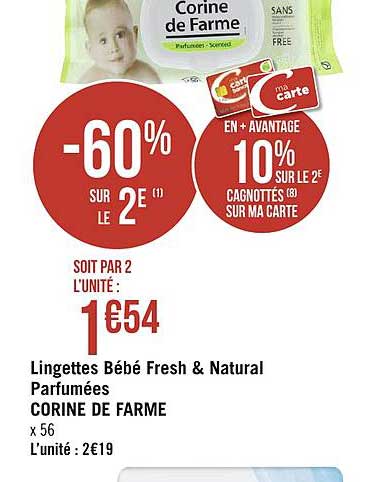 lingettes bébé fresh & natural parfumées corine de farme -60% sur le 2e