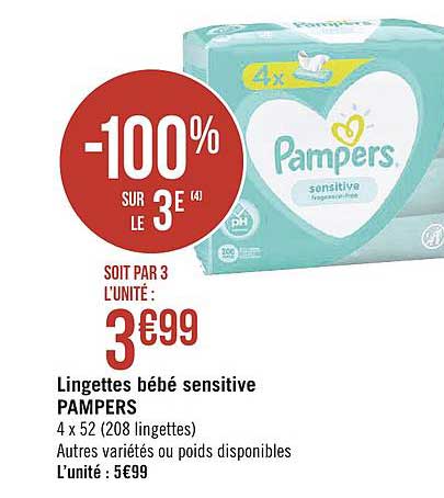 Lingettes Bébé Sensitive Pampers  -100% Sur Le 3e