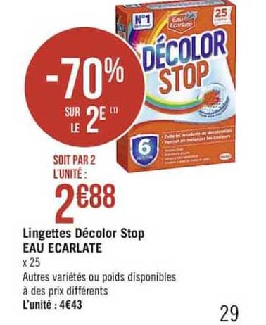 lingettes décolor stop eau ecarlate -70% sur le 2e