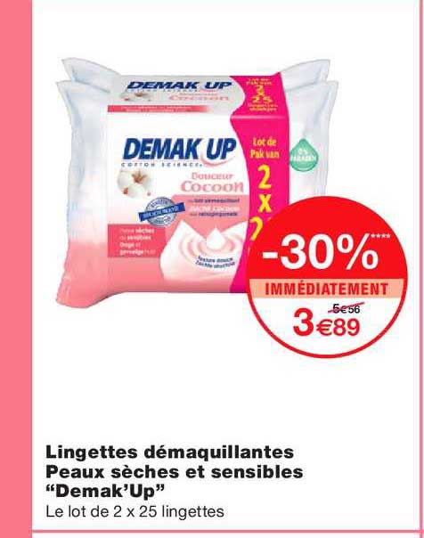 lingettes démaquillantes peaux sèches et sensibles demak'up