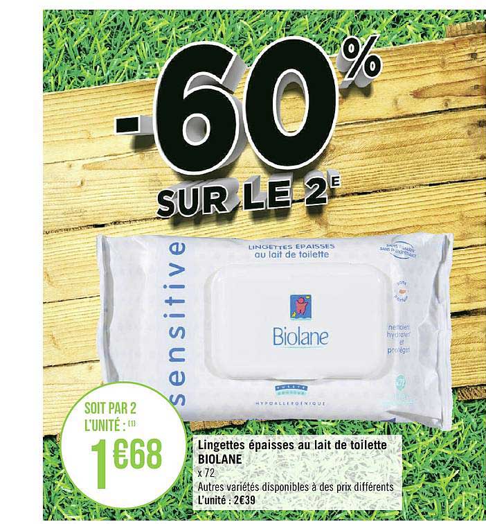 lingettes épaisses au lait de toilette biolane  -60% sur le 2e