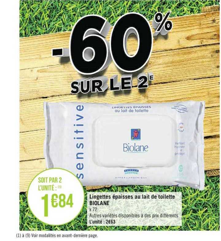 lingettes épaisses au lait de toilette biolane -60% sur le 2e