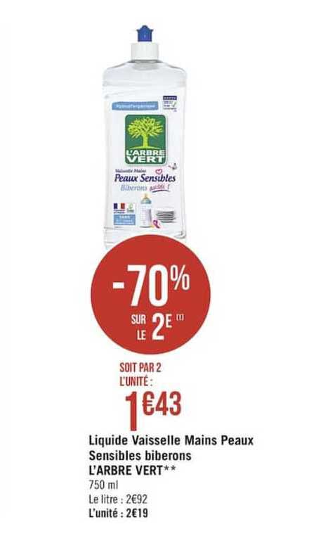 liquide vaisselle mains peaux sensibles biberons l'arbre vert -70% sur le 2e