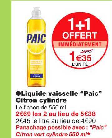 liquide vaisselle paic citron cylindre 1+1 offert