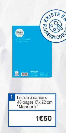 lot de 3 cahiers 48 pages 17x22 cm monoprix