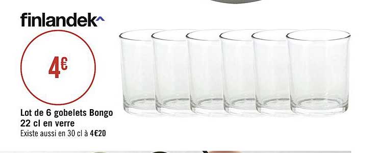 lot de 6 gobelets bongo 22 cl en verre finlandek