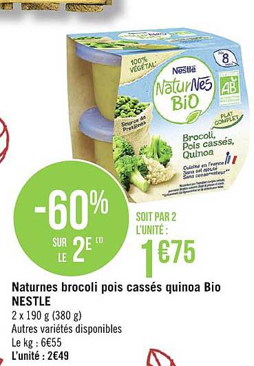 naturnes bio brocoli pois cassés quinoa nestlé -60% sur le 2e