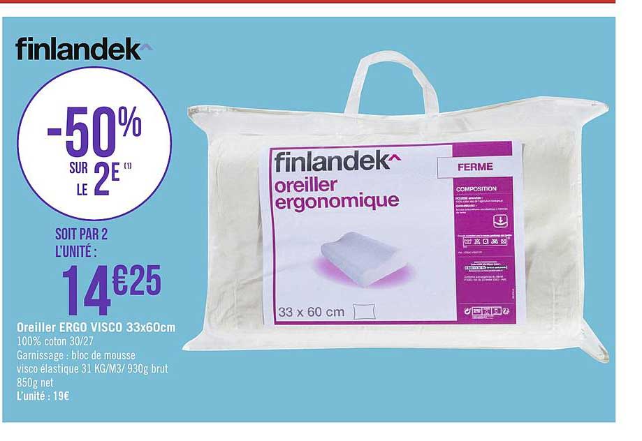 oreiller ergo visco 33x60 cm finlandek -50% sur le 2e