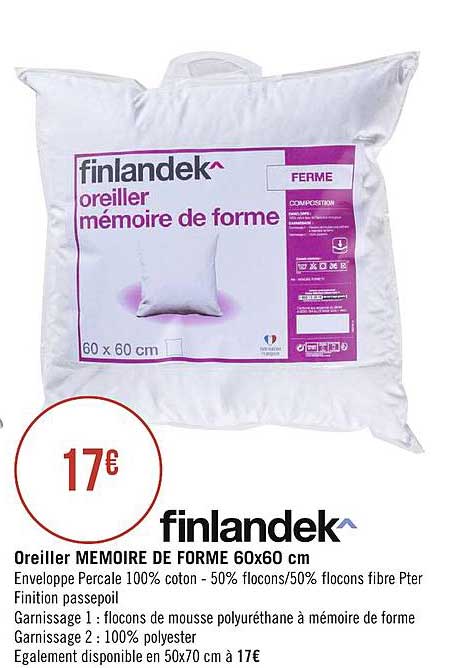 oreiller mémoire de forme 60x60 cm finlandek
