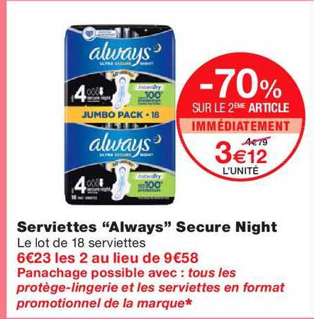Serviettes Always Secure Night -70% Sur Le 2ème Article