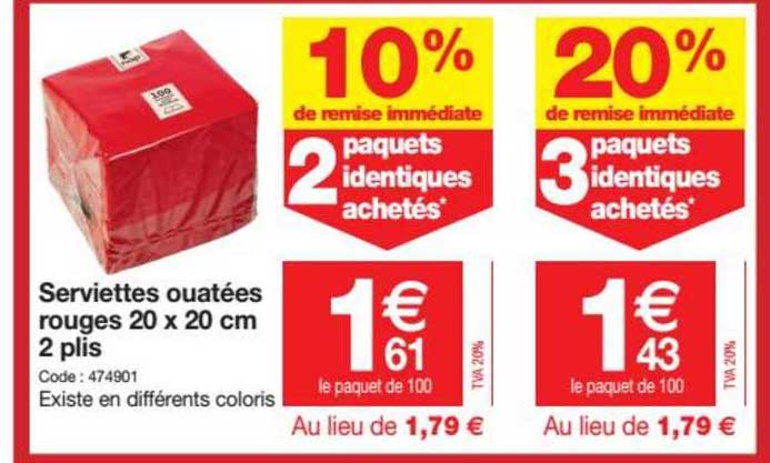 serviettes ouatées rouges 20 x 20 cm 2 plis