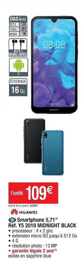 smartphone 5.71'' réf. y5 2019 midnight black huawei