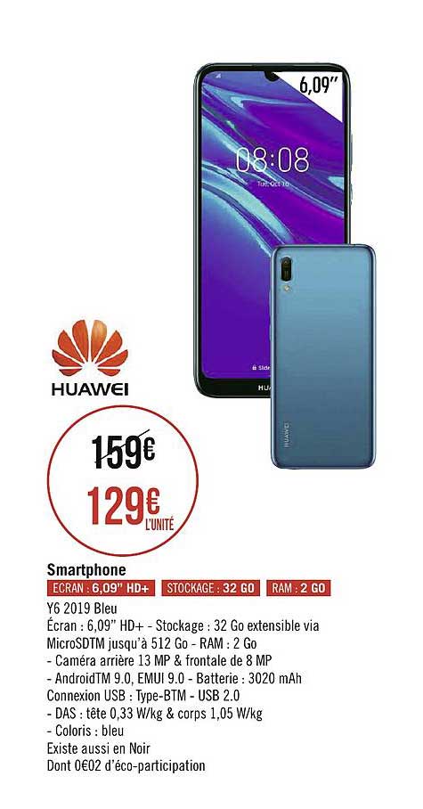 smartphone y6 2019 bleu huawei