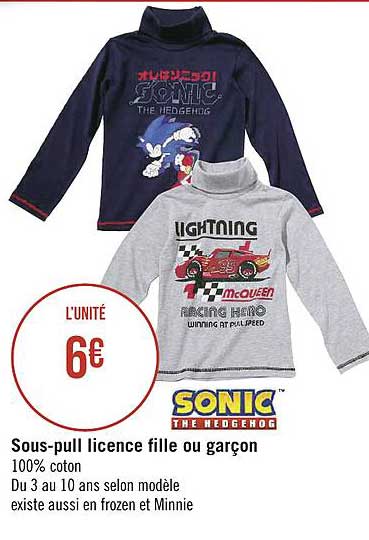 sous pull licence fille ou garçon sonic