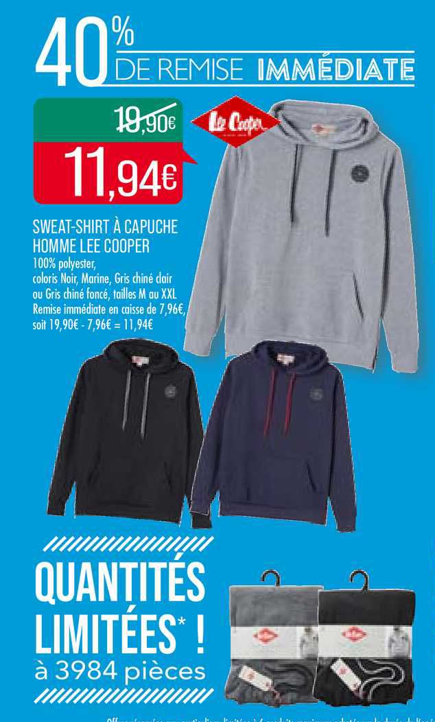sweat shirt à capuche homme lee cooper 40% de remise immédiate