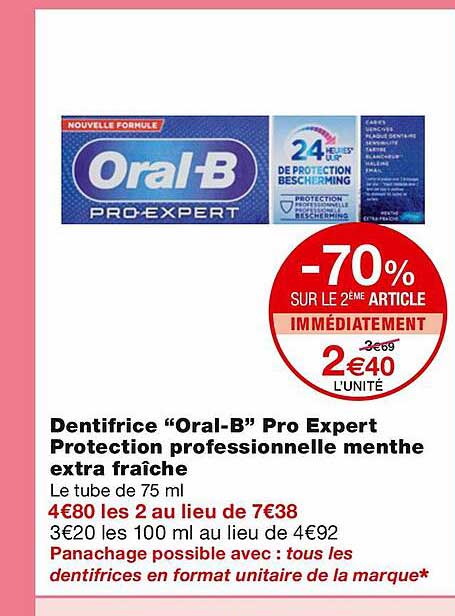 dentifrice "oral-b" pro expert protection professionnelle menthe extra fraîche
