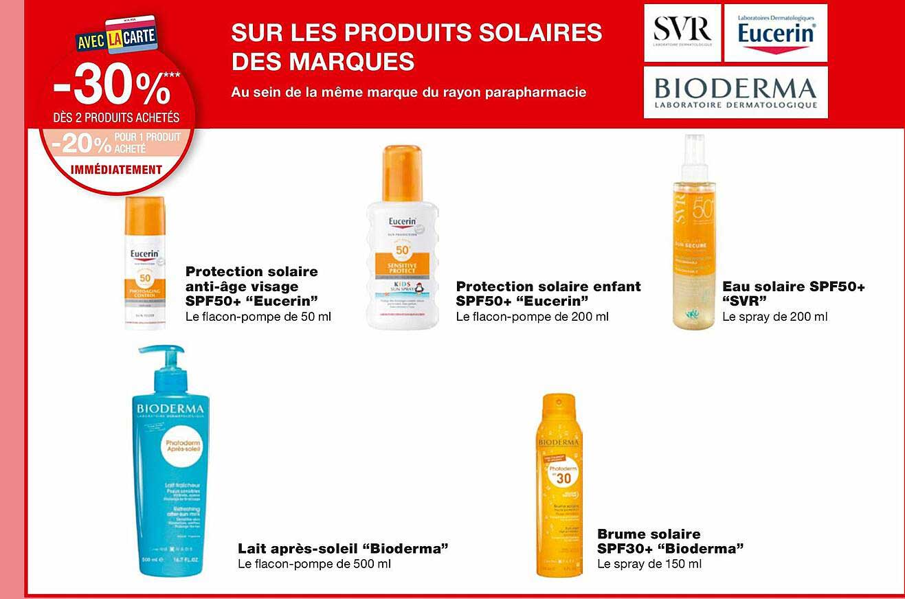 protection solaire anti-âge visage spf50+ "eucerin", protection solaire enfant spf50+ "eucerin", eau solaire spf50+ "svr", lait après-soleil "bioderma", brume solaire spf30+ "bioderma"