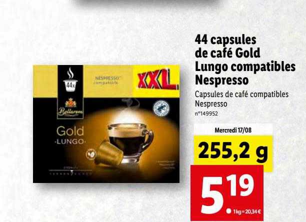 44 capsules de café gold lungo compatibles nespresso