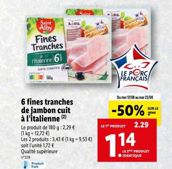 6 fines tranches de jambon cuit à l'italienne saint alby