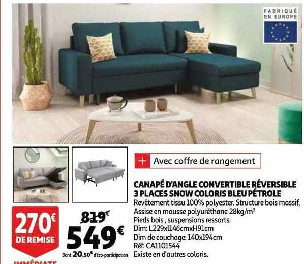canapé d'angle convertible réversible 3 places snow coloris bleu pétrole
