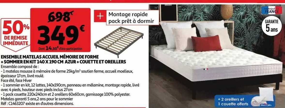 ensemble matelas accueil mémoire de forme + sommier en kit 140 x 190 cm azur + couette et oreillers