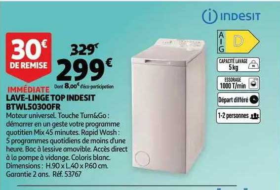 lave-linge top indesit btwl50300fr