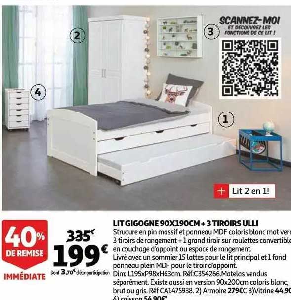 lit gigogne 90 x 190 cm + 3 tiroirs ulli