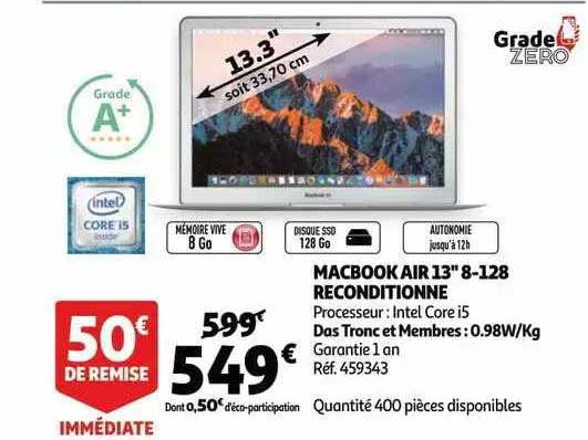 macbook air 13" 8-128 reconditionné grade zéro