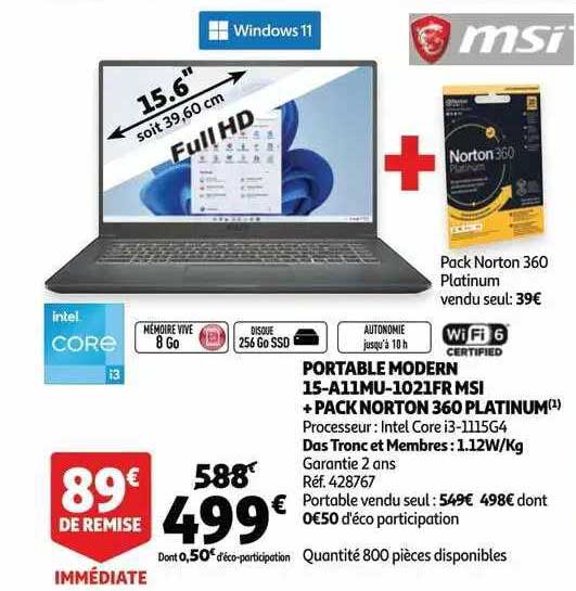 portable modern 15-a11mu-1021fr msi + pack orton 360 platinum msi
