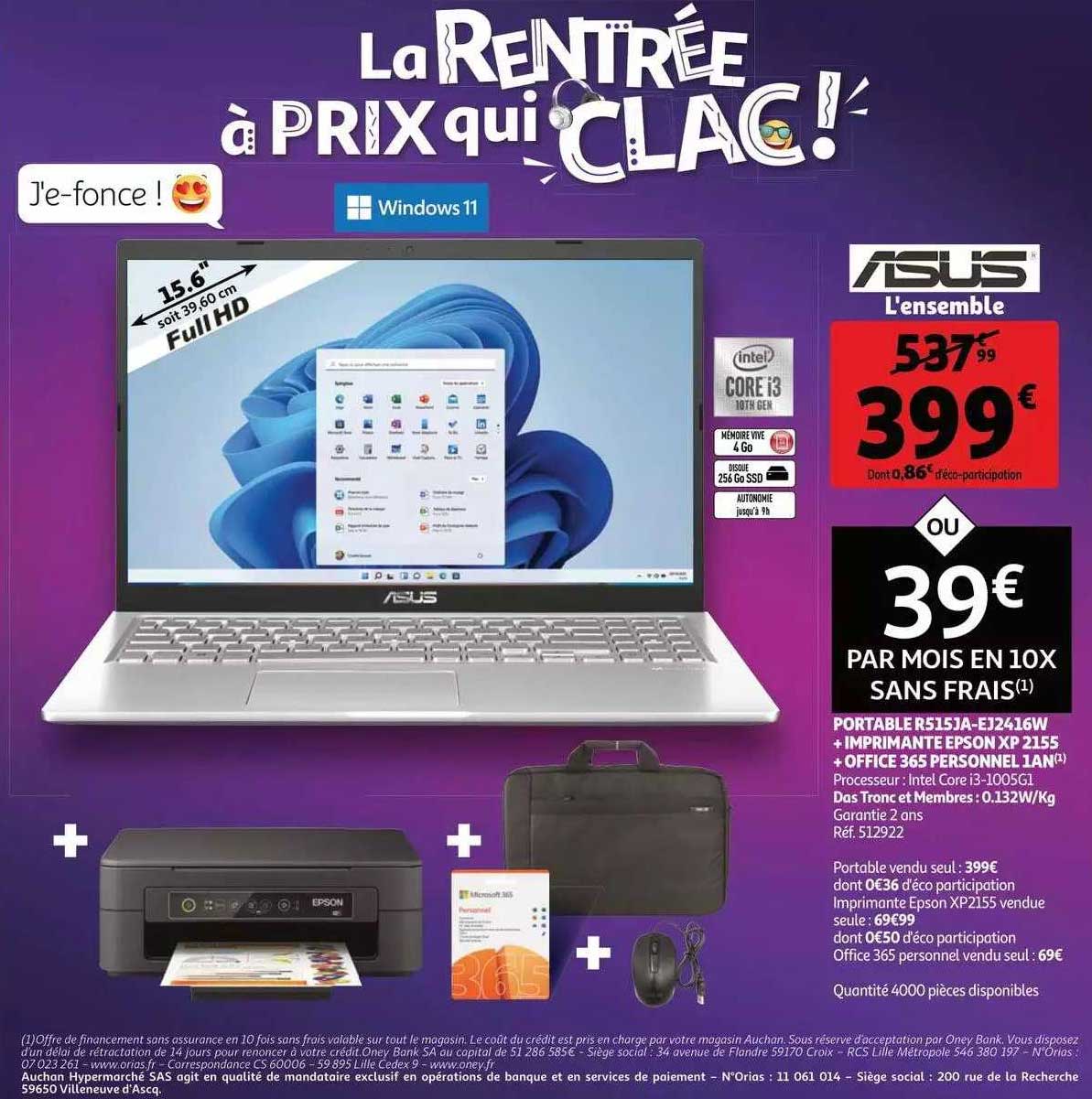 portable rs15ja-e12416w + imprimante epson xp 215s + office 365 personnel 1 ans