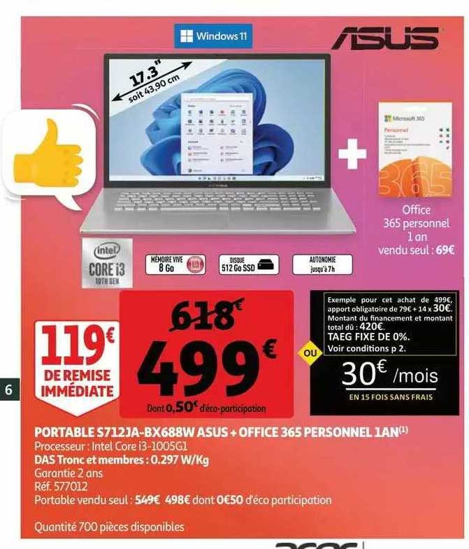 portable s712ja-bx688w asus + office 365 personnel 1 ans