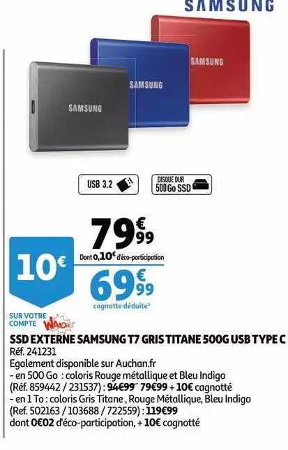 ssd externe samsung t7 gris titane 500g usb type c