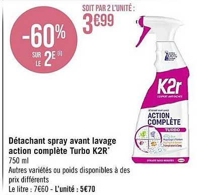 détachant spray avant lavage action complète turbo k2r