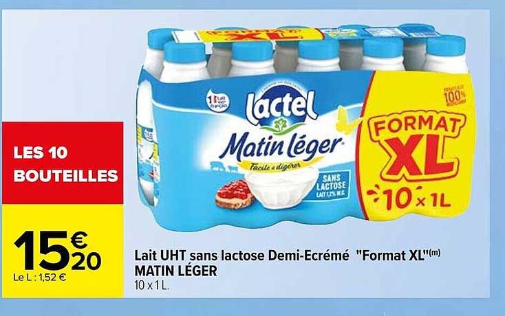 lait uht sans lactose demi-écrémé "format xl" matin léger