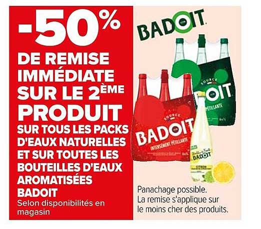 les packs d'eaux naturelles et les bouteilles d'eaux aromatisées badoit