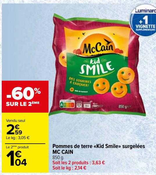 pommes de terre «kid smile» surgelées mc cain