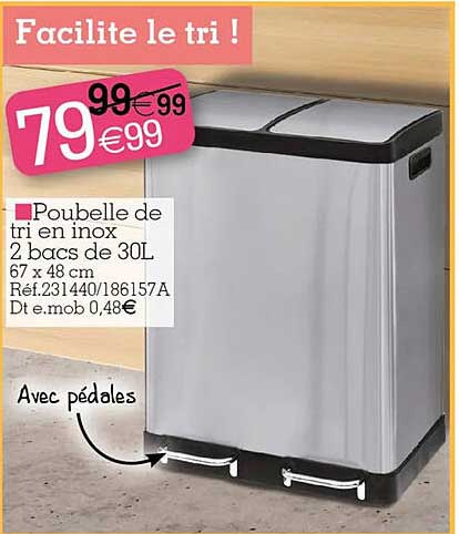 Poubelle De Tri En Inox 2 Bacs De 30l