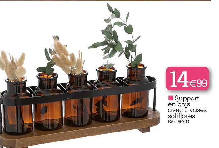 Support En Bois Avec 5 Vases Soliflores
