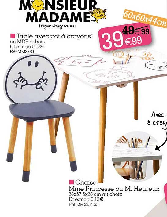 table avec pot à crayons en mdf et bois, chaise mme princesse ou m heureux