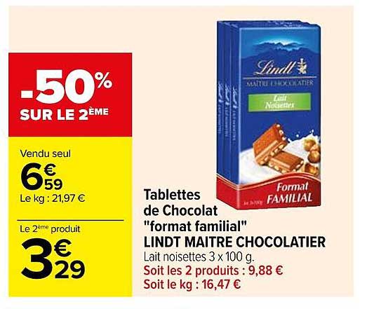 tablettes de chocolat "format familial" lindt maître chocolatier