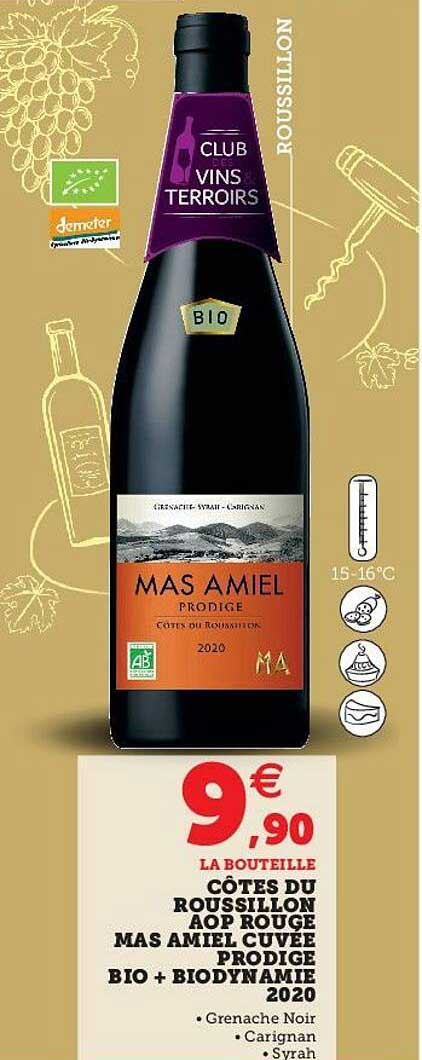 côtes du roussillon aop rouge mas amiel cuvée prodige bio + biodynamie 2020