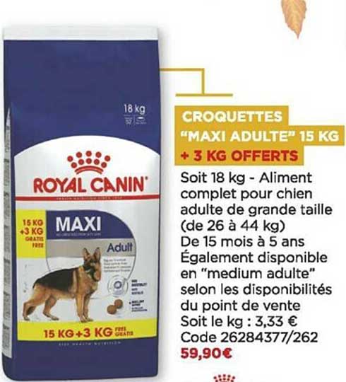 croquettes "maxi adulte" 15 kg royal canin + 3 kg offerts