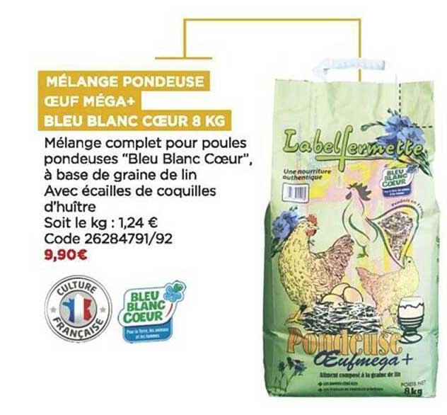 mélange pondeuse œuf méga + bleu blanc cœur 8 kg label fermette