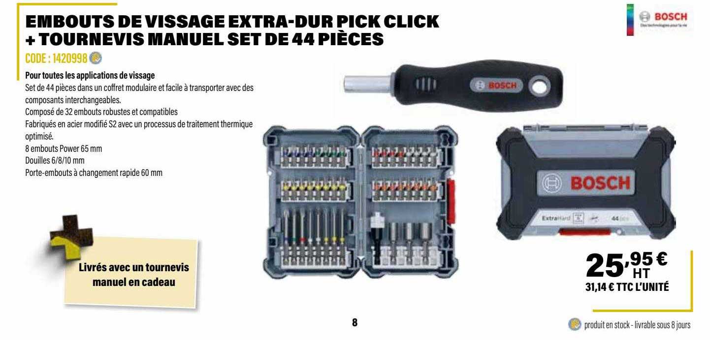 embouts de vissage extra-dur pick click + tournevis manuel set de 44 pièces bosch