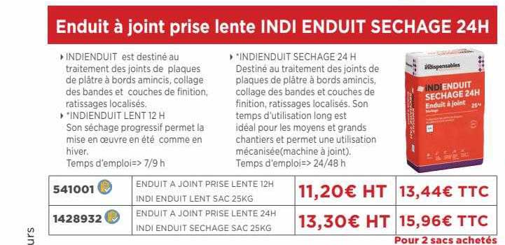 enduit à joint prise lente indi enduit séchage 24h