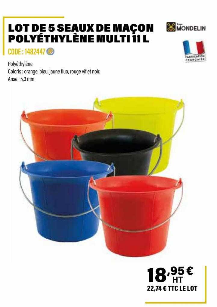 lot de 5 seaux de maçon polyéthylène multi 11l