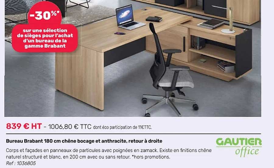 bureau brabant 180 cm chêne bocage et anthracite, retour à droite
