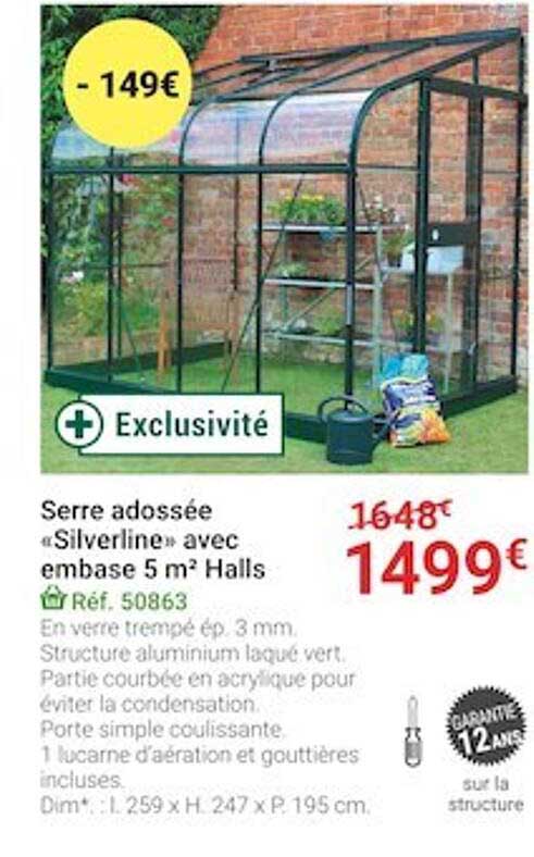serre adossée «silverline» avec embase 5 m² halls