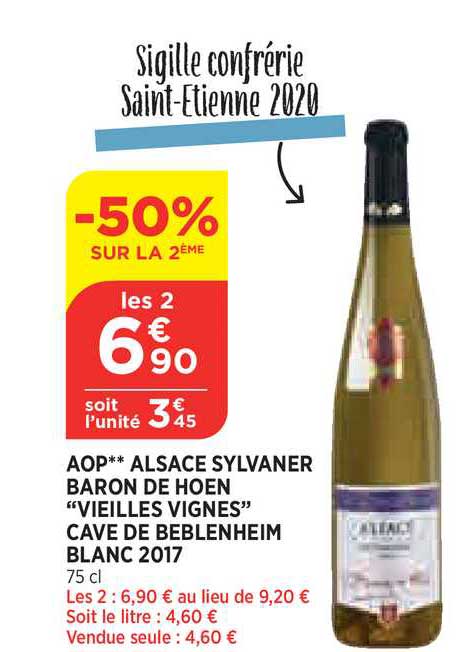 aop alsace sylvaner bron de hoen veilles vignes cave de bebleneheim blanc 2017 -50% sur la 2ème